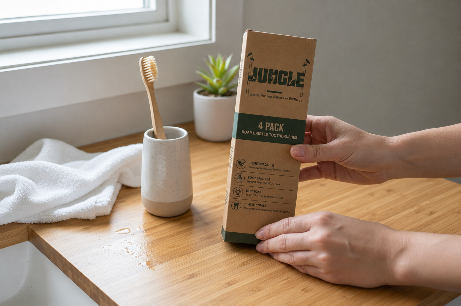 JUNGLE toothbrush on a bathroom counter